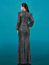 Long Sleeve Folds Solid Sequin Formal Dress